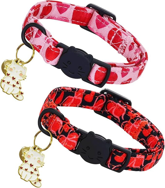 Elegant little tail 2 Pack Cat Collar- Valentines Cat Collars Breakaway with Bell Pendant Wedding Kitten Boy Girl Safety Adjustable 7-12 Inch Collar for Small Cats Puppy