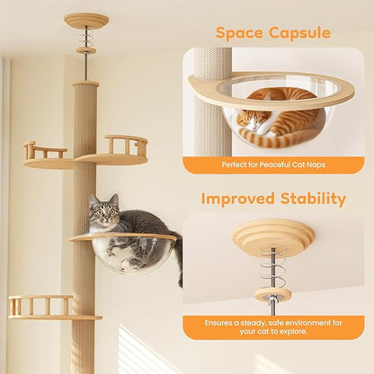 Floor to Ceiling Cat Tree Tower with Adjustable Height(98-106 Inches), Climbing Tower with Thickened Scratching Posts, Cats Activity Center with Cozy Hammock & Capsule