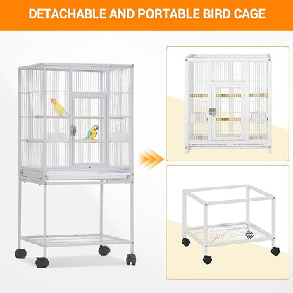 52'' Wrought Iron Birdcage with Detachable Rolling Stand & Feeder, Large Bird Cage with Secure Lock & Slide-Out Tray, Indoor Outdoor Bird Cage on Wheels,Parrot Cages for Parakeets, Pigeons, White
