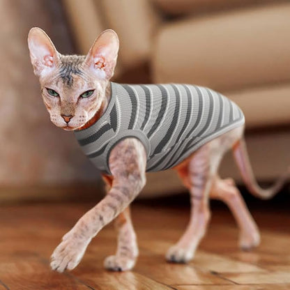 BRKURLEG Hairless Cats T Shirt, Cat Sweaters, Pullover Kitten Shirts, Sleeveless Round Collar Cotton Vest for Cornish Rex Devon Rex Peterbald and Small Dogs Sweater(Grey Stripes, XL)
