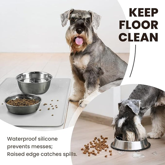 VIVAGLORY Dog Food Mat Flexmat Dog Bowl Mat, Placemat Food Tray with Raised Edges & Lip for Indoor Floor, Non Slip Waterproof Silicone Dish Placemat for Cat & Pet, S, Light Grey