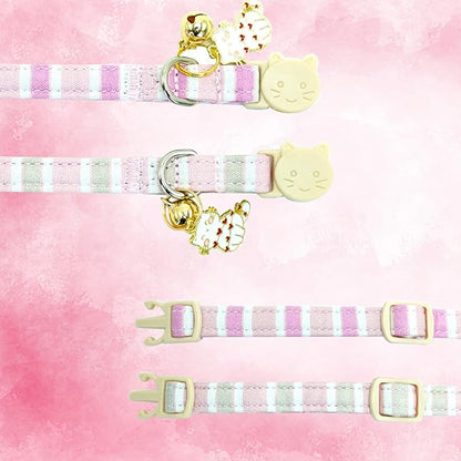 Elegant little tail 2 Pack Cat Collar-Pink Strip Cotton Breakaway Cat Collars with Bell Pendant Kitten Girl Safety Adjustable Collar for Small Cats Puppy