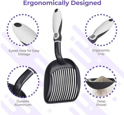 iPrimio Cat Litter Scoop Metal w/ Deep Shovel, Black - Non Stick Plated Aluminum Cat Litter Scooper with Holder - Litter Box Scooper - Metal Cat Litter Scoop - Patented Sifter w/ Holder - Solid Handle