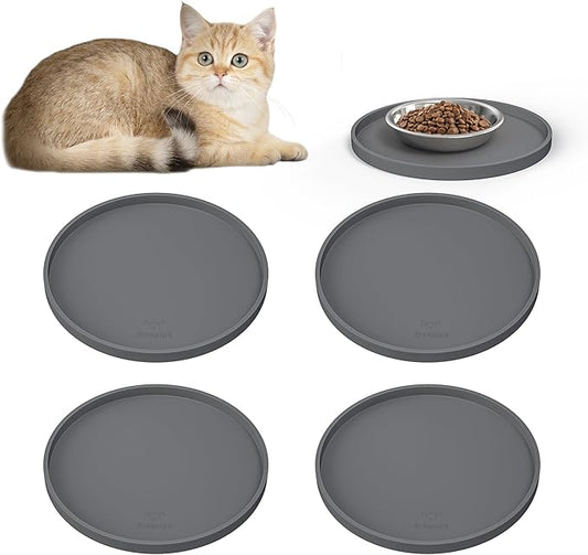 Arespark Cat Food Mat, Set of 4 Nonslip Waterproof Feeding Bowl Silicone Mats with Raised Edges for Food Water Prevent Spills, Round Eating Plates Tray for Dog Cat Puppy Kitten, 8'' x 8''