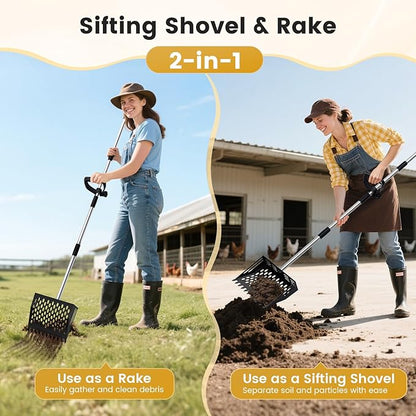 Chicken Poop Scooper and Rake, 2-in-1 Metal Sand Sifting Shovel with 24-68 Inch Adjustable Stainless Steel Handle, Cleaning Tools for Outdoor Chicken Coops, Farm Animals House