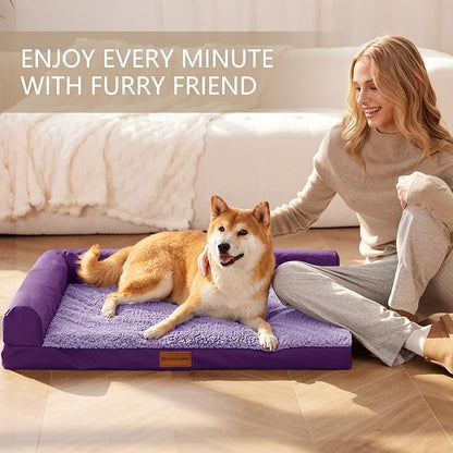 Patas Lague Orthopedic XL Dog Bed Large Sized Dog 48''X30'', Waterproof L Bolster Big Pet Sofa Beds with Removable Washable Cover, Soft Comfortable Pet Couch Crate Mat with Nonskid Bottom, Purple
