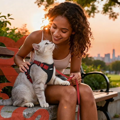 rabbitgoo Cat Harness and Leash for Walking, Escape Proof Soft Adjustable Vest Harnesses for Cats, Easy Control Breathable Reflective Strips Jacket, Black & Red, XS