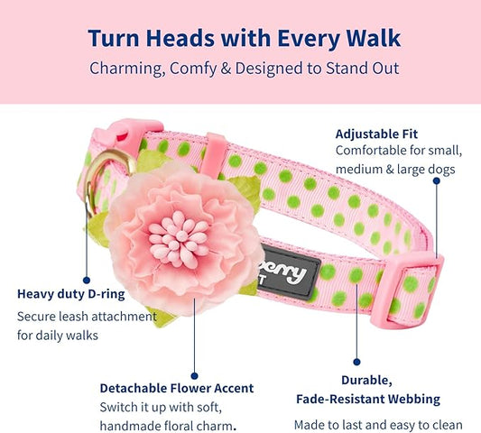 Blueberry Pet Adjustable Flocking Dog Collar with Silk Flower, Pink Dog Collar for Girls, Medium, 14.5"-20" Neck, 3/4" Width, Girl Dog Collars for Small Dogs