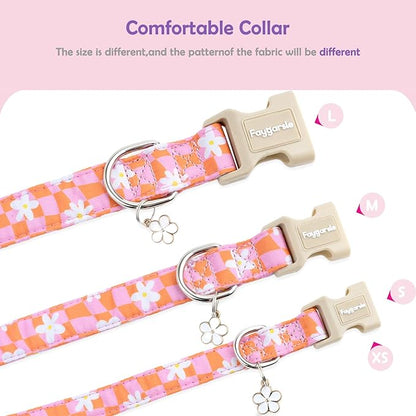 Faygarsle Floral Dog Collar, Pink and Orange Pattern with White Flowers, Spring Summer Design for Small Medium Large Dogs XS