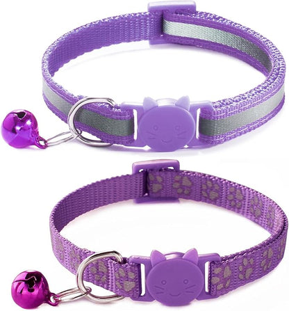 Purple Reflective Cat Collar with Bells, [2 Pack] Break Away Kitten Collar with Bells, Breakaway Cat Collar for Boy Cats Kitty