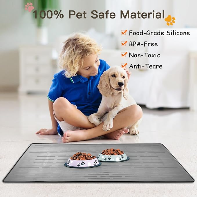 Largest Dog Food Mat, 39.5"x29.5" Silicone Dog and Cat Mat for Food and Water Bowls, Thinken Waterproof Non-Slip XXXL Pet Feeding Mat for Floors (Brown)
