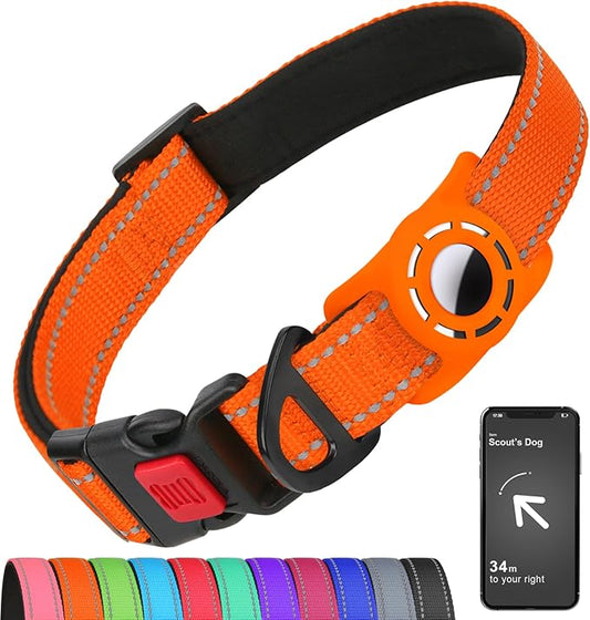 Airtag Dog Collar with AirTag Holder for Large Dogs, Reflective, Soft Padded & Safety Locking Buckle, Nylon Pet Collars Adjustable for All Breeds, Orange,L