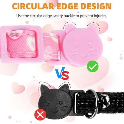 KOOLTAIL Girl Cat Collar Breakaway with Bowtie and Bells, 2 Pack Cute Kitten Collars, Pink Heart & Strawberry Design with Safety Buckle Adjustable for Small Large Girl Cats