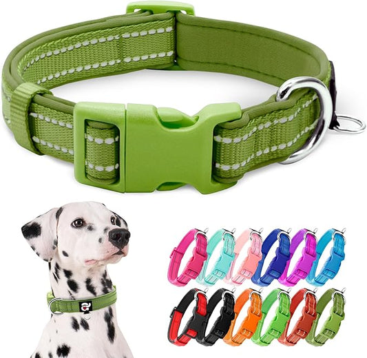 azuza Reflective Dog Collar, Soft Neoprene Padded Pet Collar with ID Tag Ring, Adjustable for Large Dogs,Army Green,L