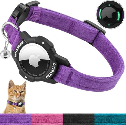 Luminous AirTag Cat Collar Breakaway, OUCWLTAG GPS Cat Collar with Apple Air Tag Holder, Cat Tracker Collars with Safety Elastic Band for Girl Boy Cats, Kittens and Puppies (Purple, 7-10 Inch)
