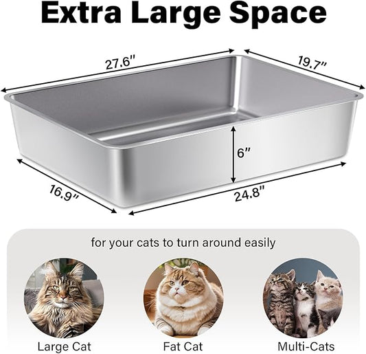 Stainless Steel Litter Box, 28" X 20" X 6" Steel Litter Box XXL No Smell, Extra Large Metal Litterbox for Big Cat, Multiple Cats, Non Stick, Easy Cleaning