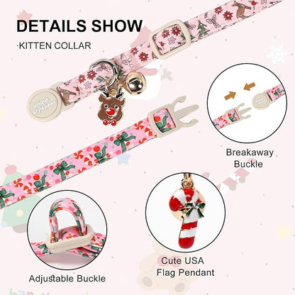 Christmas Cat Collar,Unique Style Paws Kitten Collars,Cute Pink Cats Collar with Bell,AdjustableKitten Collar Breakaway Buckle with Candy Cane,Reindeer Pattern,Ideal Gift for Boy Girl Cats