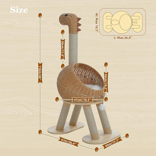 PAWZ Road Modern Cat Tree 46” Cat Dinosaur Tower with Scratching Post, Large Rattan Cats House in 18” Diameter, Wicker Cats Bed with Removable Mat