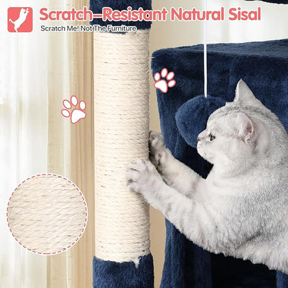 70in Cat Tree Cat Climbing Tower with Scratching Post, Cats House Perch Kitten Tree Condo Wood Playhouse, Pet Trees Tower for Indoor Cats, Navy Blue