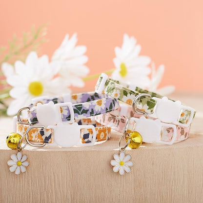 4 Pack Cotton Breakaway Cat Collar with Bell & Flowers Pendant,Cute Pet Kitten Collar for Girl Boy Cats,Pet Supplies,Stuff,Accessories,Gifts