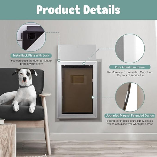 Dog Door Aluminum Pet Door with Extra-Large Flap, Doggie Door Designed with Automatic Closing Magnetic Flap, Telescoping Tunnel & Lockable Sliding Panel for Extreme Weather, (XL)
