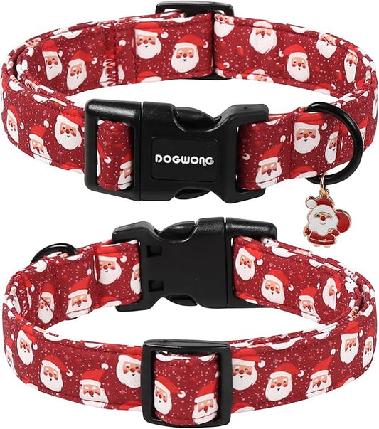 DOGWONG Christmas Dog Collar, Red Santa Claus Print Cute Dog Collars Winter Holiday Male Female Adjustable Dog Collar for Large Dogs
