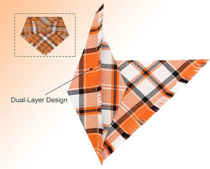 Fall Dog Bandanas,Autumn Halloween Orange Plaid Scarf,Triangle Holiday Thanksgiving Outfit for Boy and Girl Dogs,Pet Costumes for Medium to Large Dogs,2PCS Double-Sided Plaid Design with Tassels