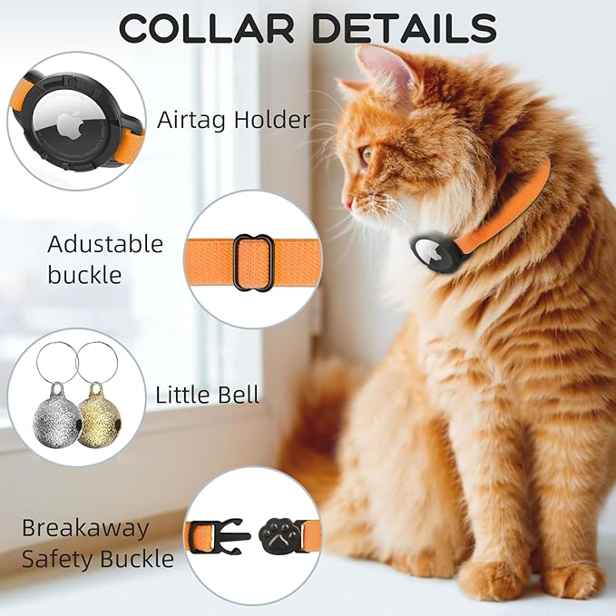 AirTag Cat Collars, Stretchy Collar with Apple AirTag Holder and Bell, Breakaway Ultra Design Elastic GPS Tracking Collars for Cats and Puppies, (7.5-12.5 Inch), Orange