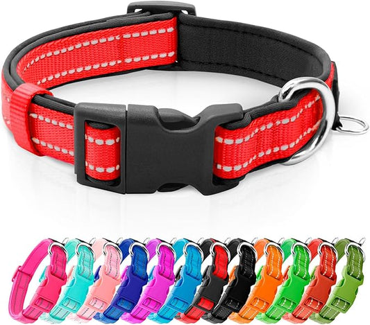 azuza Reflective Dog Collar,Soft Neoprene Padded Pet Collar with ID Tag Ring,Adjustable for Puppy and Small Dogs,Red,XS