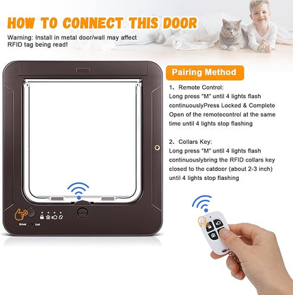 Smart Cat Door with 3 Collar Sensor, RFID Cat Door Collar Activated with Remote Control, 4 Way Locking Cat Flap Automatic Pet Door (Brown)
