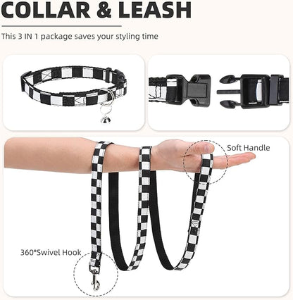 PUPTECK Adjustable Dog Harness Collar and Leash Set Step in No Pull Pet Harness for Small Medium Dogs Puppy and Cats Outdoor Walking Running, Checkered Black&White XS