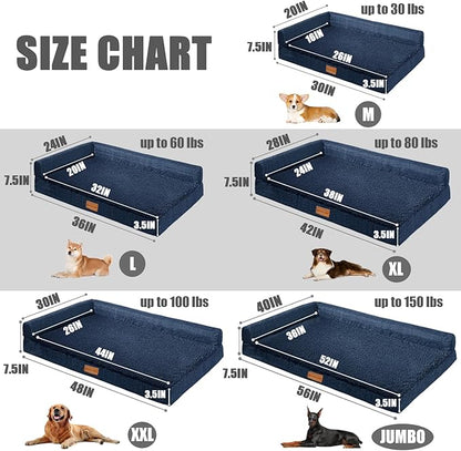 Patas Lague Orthopedic Jumbo Dog Bed for Extra Large Dogs 56''X40'', Waterproof L Bolster Pet Sofa Beds with Removable Washable Cover, Soft Comfortable Pet Couch Crate Mat with Nonskid Bottom, Navy