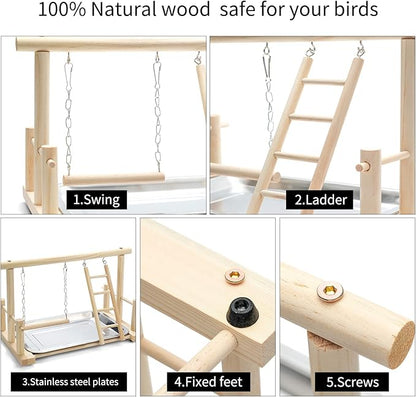 Natural Wood Bird Playground Parrot Perch Playstand Play Gym Stand Playpen Perches Ladder Swing Platform with Toys Exercise Playgym for Luonfels,Budgie,Cockatiels,Conures,Parakeets,Lovebird