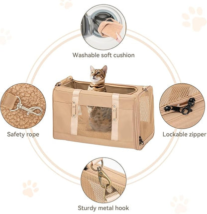 Petsfit 19x12x12 Pet Carrier for Large Cats (up to 20 lbs), Soft-Sided Small Dog Travel Carrier, Upgraded with Patented Buckle and Soft Padding, Ideal for Car Road Trips,Khaki