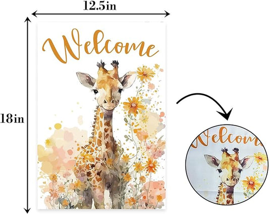 Giraffe Welcome Garden Flag,Welcome Spring Cute Giraffe Garden Flag,Pet Wild Cartoon Animals Quote Birthday Yard Outdoor Decor.12x18 inch