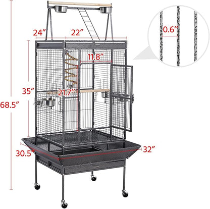 Yaheetech 69-inch Wrought Iron Rolling Large Parrot Bird Cage for African Grey Small Quaker Amazon Cockatiel Sun Parakeet Green Cheek Conure Dove Lovebird Budgie Play Top with Stand