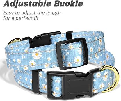 Reflective Dog Collar for Large Dogs, Cute Daisy Theme Adjustable Heavy-Duty Nylon Puppy Collar for Boy and Girl Female, Soft Pet Accessories with Quick Release Buckle, Neck 16-24", Blue