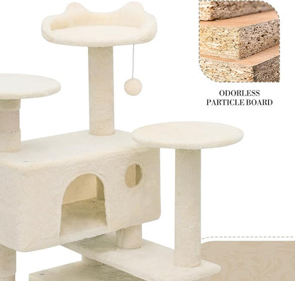 Athena Collection Multi-Level Cat Tree Center with 2 Cat Condo & Scratching Post & Dangling Ball, 54 Inch Tall Cat Tower, Beige