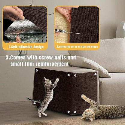 Cat Scratch Mat, 3PCS 39.4"x11.9" DIY Trimmable Self-Adhesive Cats Scratching Mat, Couch Protector from Cats Claw, Cat Scratch Furniture Protector Or Couch Protector (Brown)