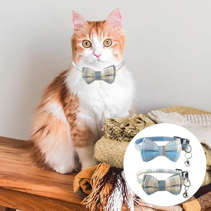Jeffdad 2Pcs Cat Collar Breakaway, Cat Collar with Bells Bowtie Plaid Cat Collar Adjustable for Kitten Puppy and Small Pets (Blue and White Plaid)