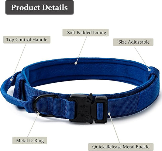 Tactical Dog Collar, Adjustable Military Training Nylon Dog Collar with Control Handle and Heavy Quick-Release Metal Buckle for Small Medium Large Dogs, Dark Blue M