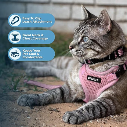 Voyager Escape-Proof Step-in Lock Cat Harness & 5ft Neoprene-Handle Leash Set All-Weather Mesh with Reflective Stitching for Small to Large Cats by Best Pet Supplies, Pink, S