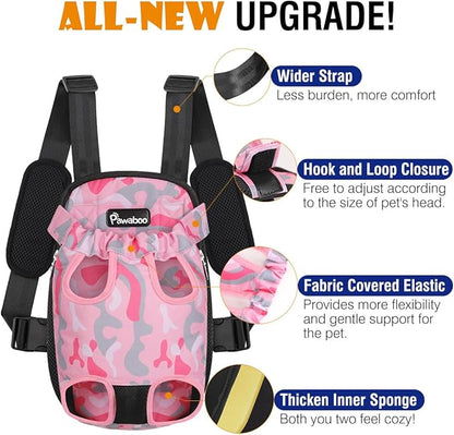 Pawaboo Pet Carrier Backpack, Adjustable Pet Front Cat Dog Carrier Backpack Travel Bag, Legs Out, Easy-Fit for Traveling Hiking Camping for Small Medium Dogs Cats Puppies, Small, Pink Camouflage