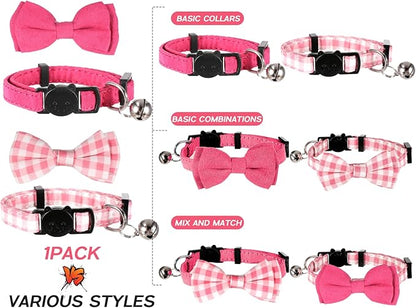 Sliverdew 2 Pcs Kitten Bow Tie Collar with Bell Cute Cat Collar for Girl Boy Cats Breakaway Cat Collars Adjustable Small Puppy Safety Collar Solid Color Plaid Pet Collar (Pink)