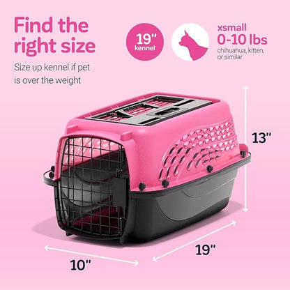 Petmate Dog Crates for Small Dogs & Cat Carriers, Two-Door Plastic Pet Kennel, Top & Front Loading, Made in USA, XS 19" For Dogs Up To 10 lb, Pink
