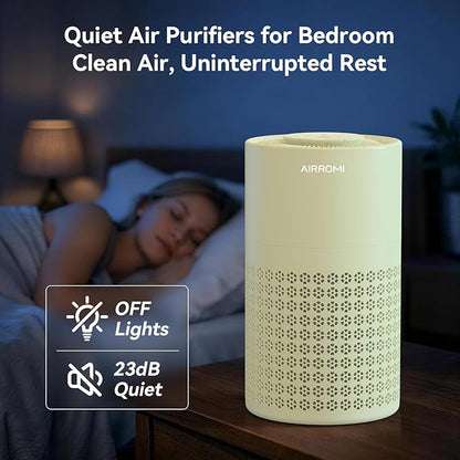AIRROMI Air Purifier for Bedroom with HEPA Fet Filters, Pet Air Purifiers for Home Cat Pee Smell, Covers Up to 990Ft², Quiet 360° intake Air Cleaner for Allergies Dust Smoke Odor A2001 Yellow