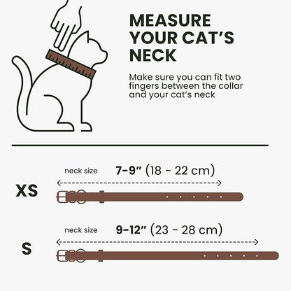 BRONZEDOG Leather Cat Collar with Removable Bells Non Breakaway Kitten QR Tag for Girl Boy (9" - 12" Cats/Mini Dogs, Brown & Silver)