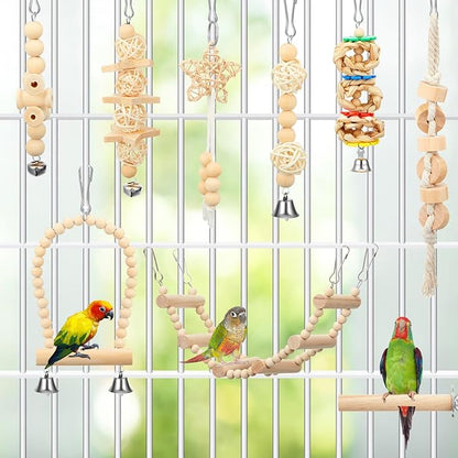 10 Pcs Bird Toys for Parakeets Cage Accessories Parrot Swing Toys and Wooden Perches Platform with Climbing Ladder for Chewing Standing Hanging Swinging Training Budgerigar Conure Cockatiel Finches