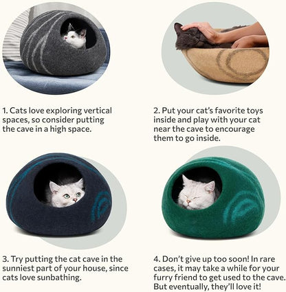 MEOWFIA Cat Cave – Premium Felt Cat Bed for Indoor Cats, Handmade 100% Merino Wool (Light Grey, Medium) (Pack of 2)