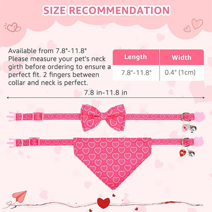 SCENEREAL Valentine's Day Cat Bandana Collars with Bell Bowtie - 2 Pack Breakaway Pink Kitten Collars, Adjustable Cute Love Heart Pet Accessories for Cats Small Dogs